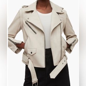 Allsaints Morgan Convertible Leather Biker Jacket in ivory white, size 0.